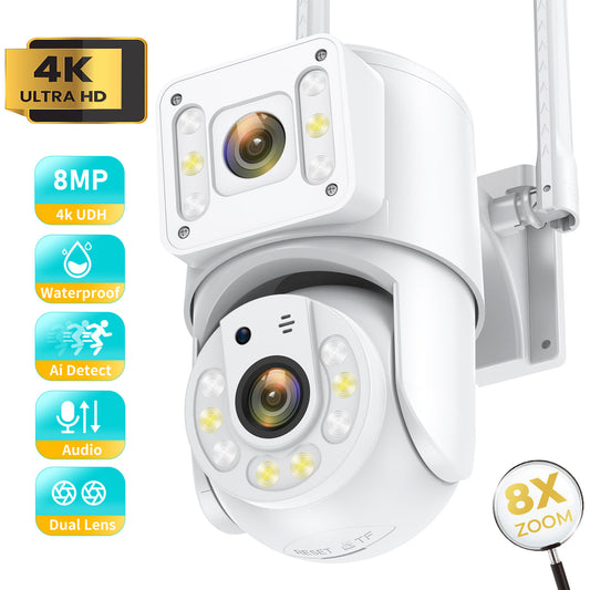 8MP Dual Lens WiFi IP Surveillance Camera with Human Detection, Full Color Night Vision, and Weatherproof Outdoor Protection